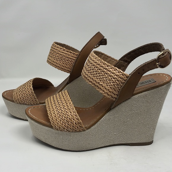 Steve Madden Wedge Sandal High Tan Size 8 Weave Strap - Picture 3 of 12
